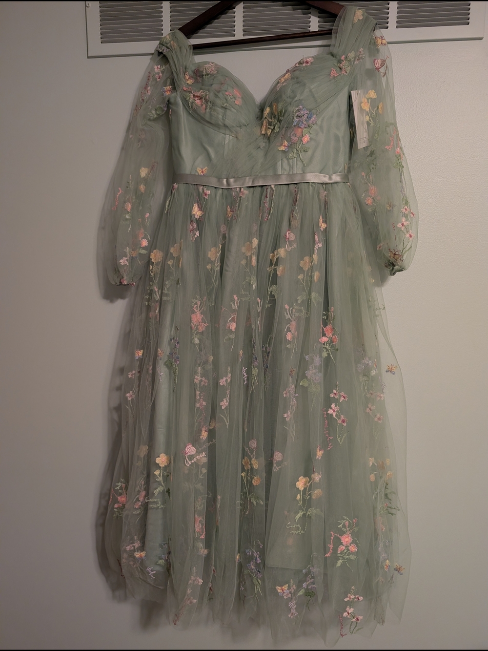 Sage Green Floral Tulle Midi Dress